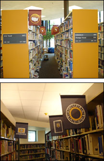 photo of iconographic banners hanging in the library